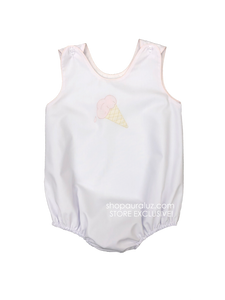 Auraluz Sleeveless Bubble..White with pink binding and embroidered ice cream cone.STORE EXCLUSIVE!