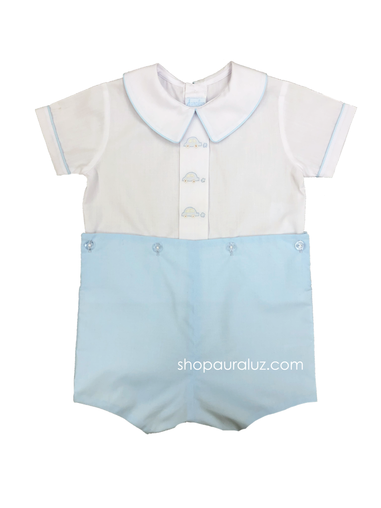 Auraluz Boy Button-On. Blue with boy collar and embroidered cars