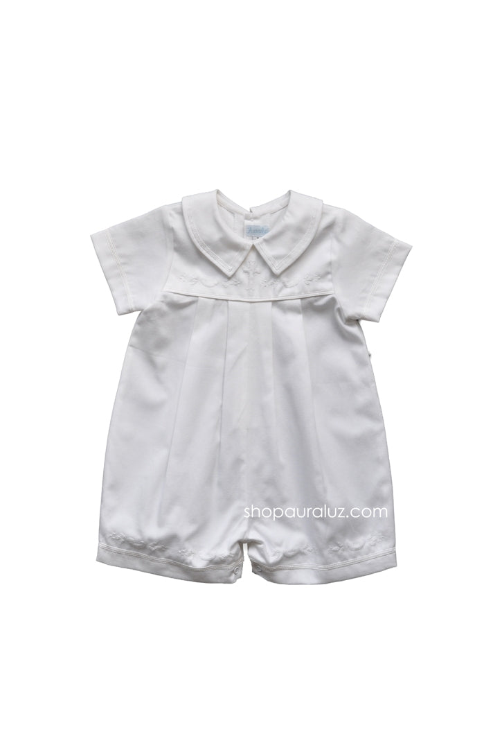 Auraluz Twill Boy Shortall..White with ribbon trim and embroidered crosses