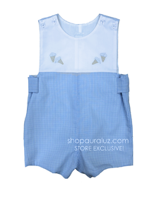 Auraluz Sleeveless Shortall...Blue check with embroidered ice cream cones. STORE EXCLUSIVE!