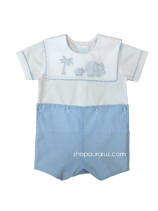 Auraluz Boy Button-On..Blue check with sq.collar and embroidered elephants