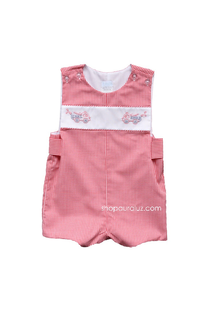 Auraluz Sleeveless Shortall..Red check with embroidered fire trucks. STORE EXCLUSIVE!