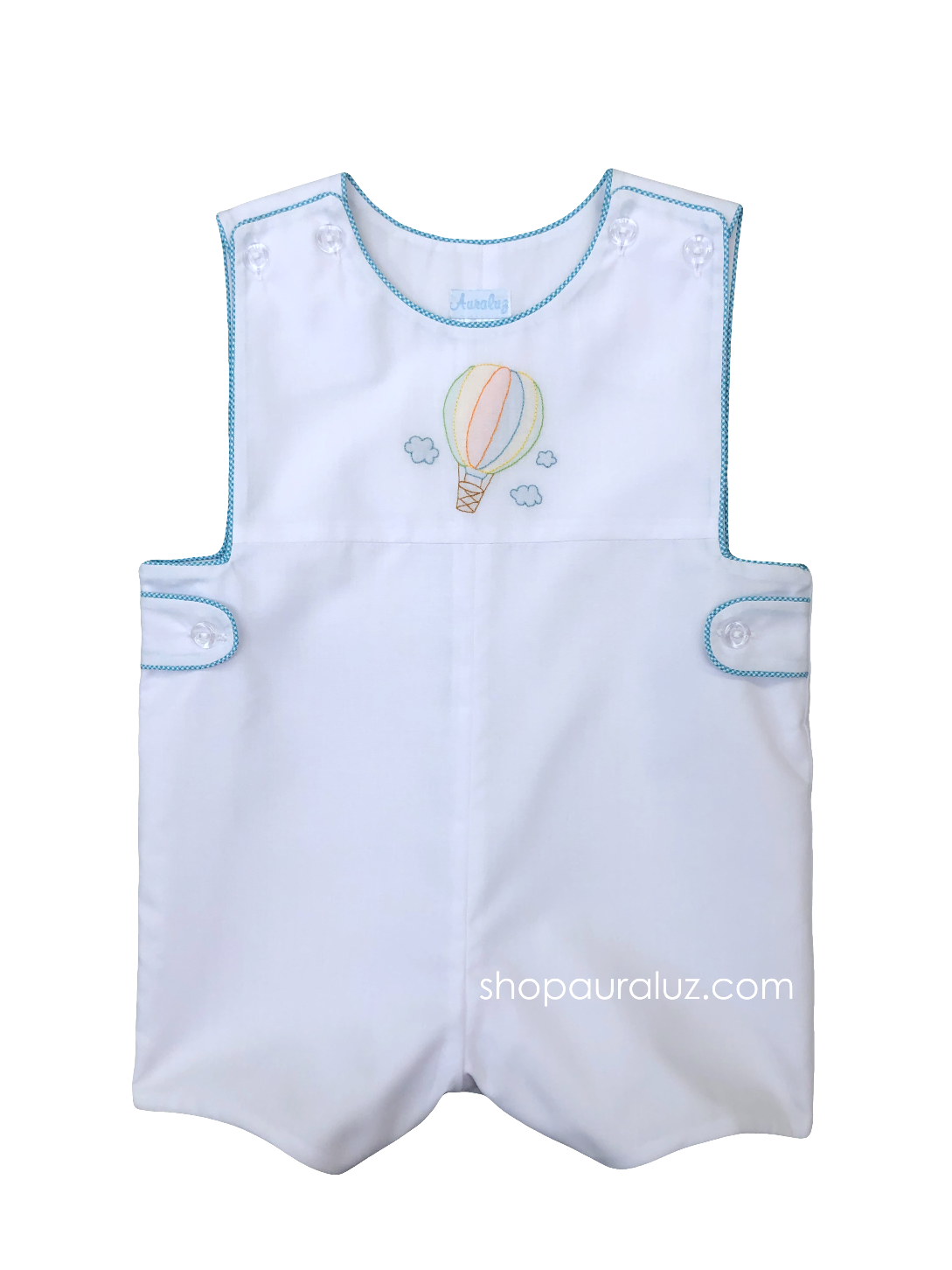 Auraluz Sleeveless Shortall...White with aqua check trim and embroidered hot air balloon