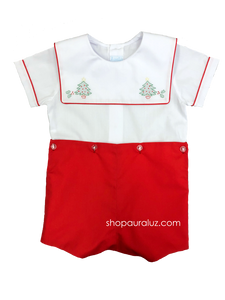 Auraluz Boy Button-On with red binding trim/pant and embroidered trees