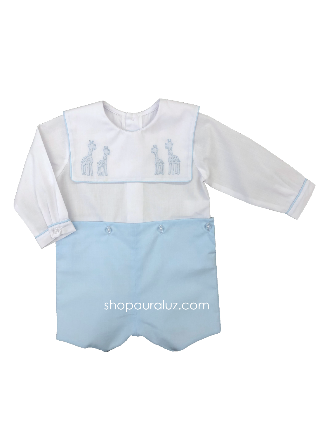 Auraluz Boy Button-On..long sleeve...Blue with embroidered giraffes