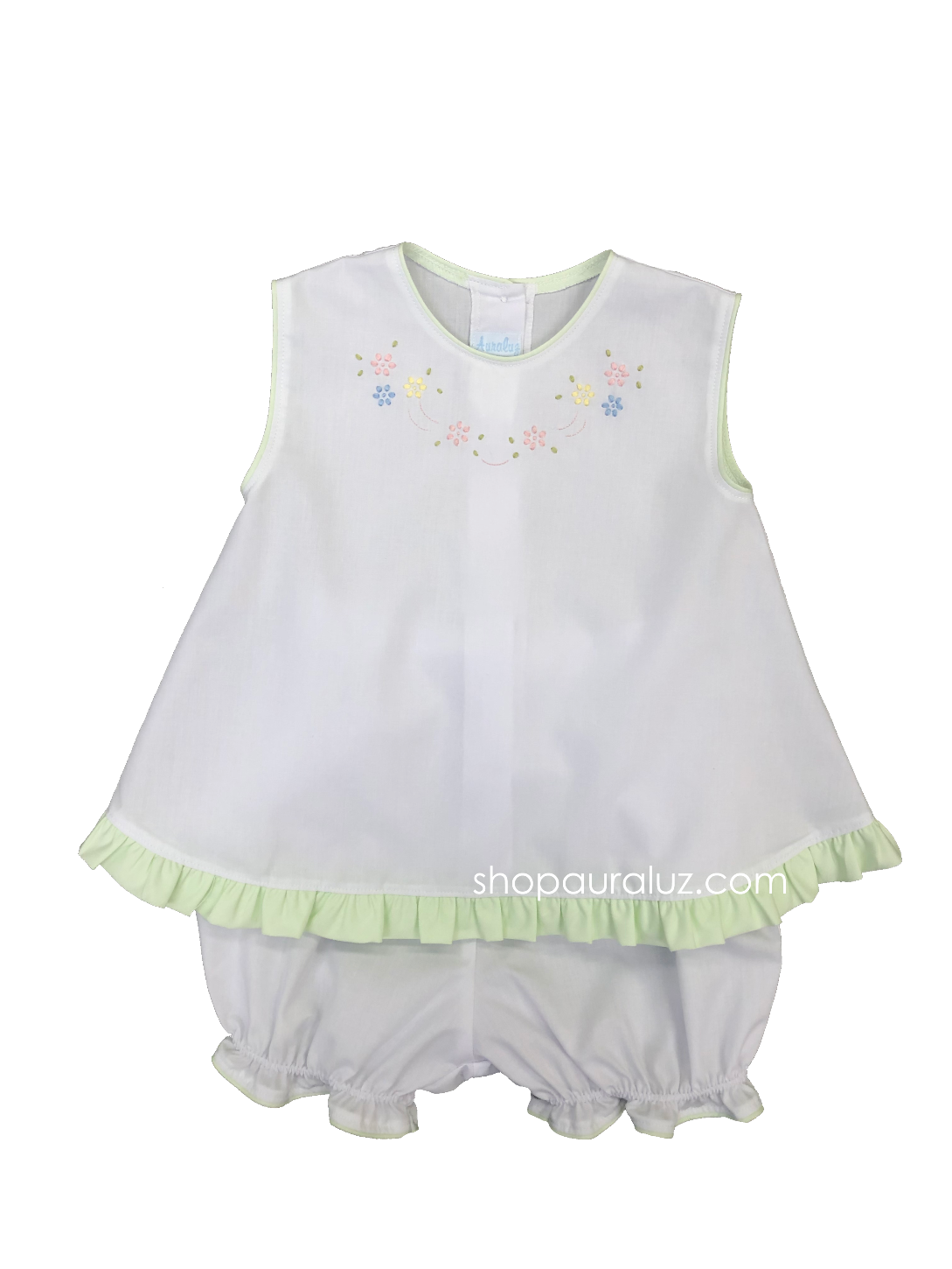 Auraluz Girl Sleeveless 2pc Set...White w/green ruffle trim and embroidered flowers