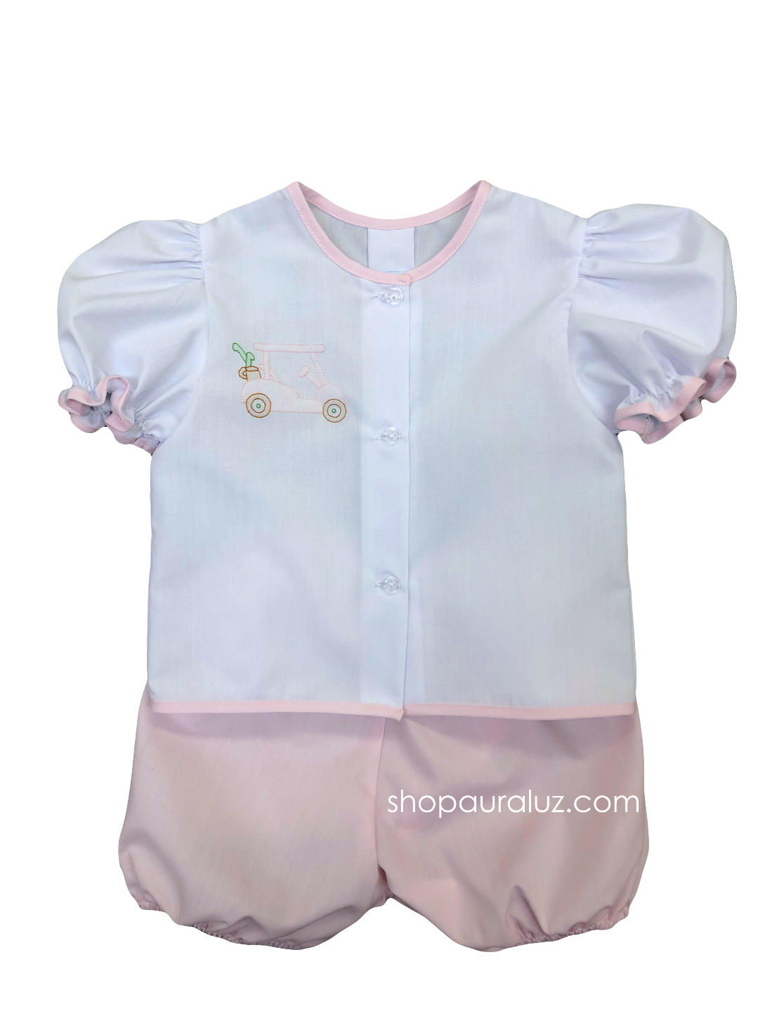 Auraluz 2pc Set...White top with embroidered golf cart and pink bloomer shorts