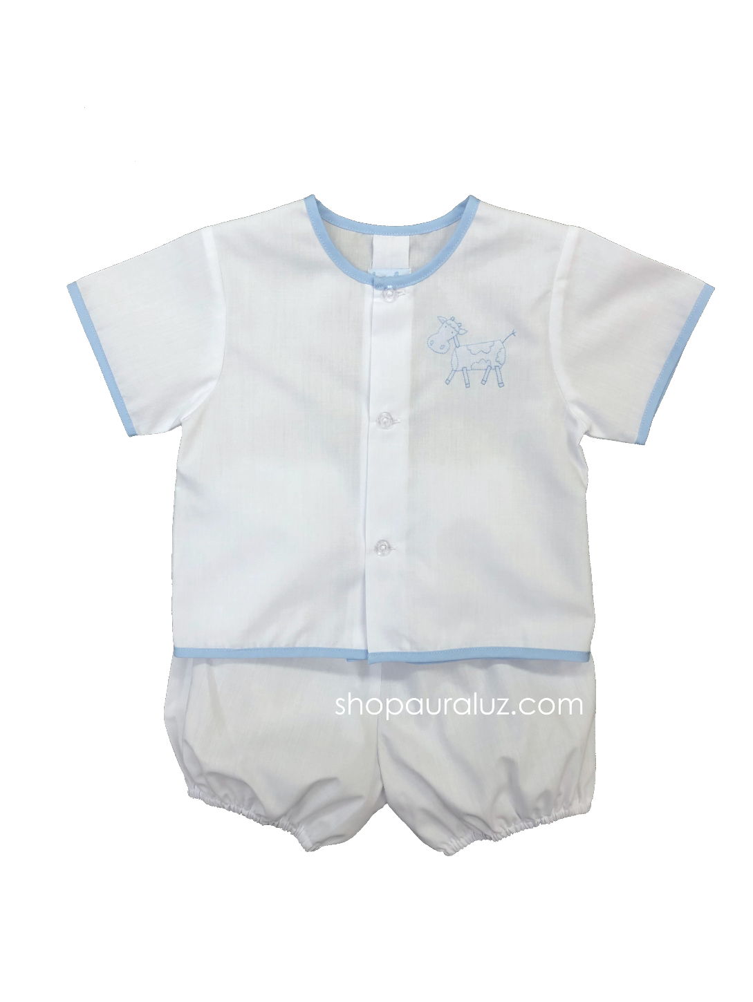 Auraluz Boy 2pc Set...White w/blue binding trim, bloomer shorts and cow embroidery