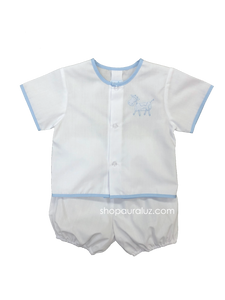 Auraluz Boy 2pc Set...White w/blue binding trim, bloomer shorts and cow embroidery