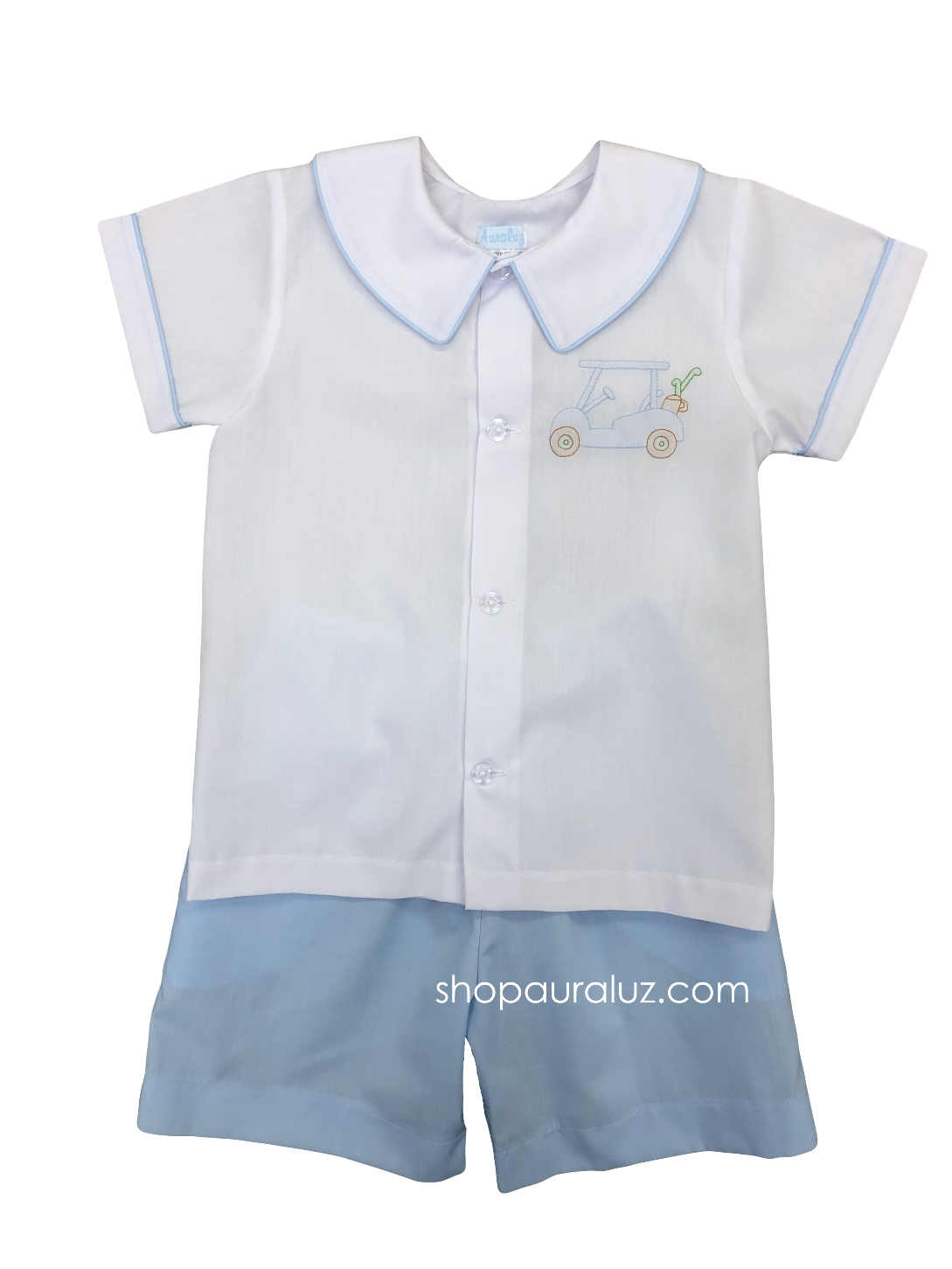 Auraluz 2pc Set...White top with embroidered golf cart and blue shorts