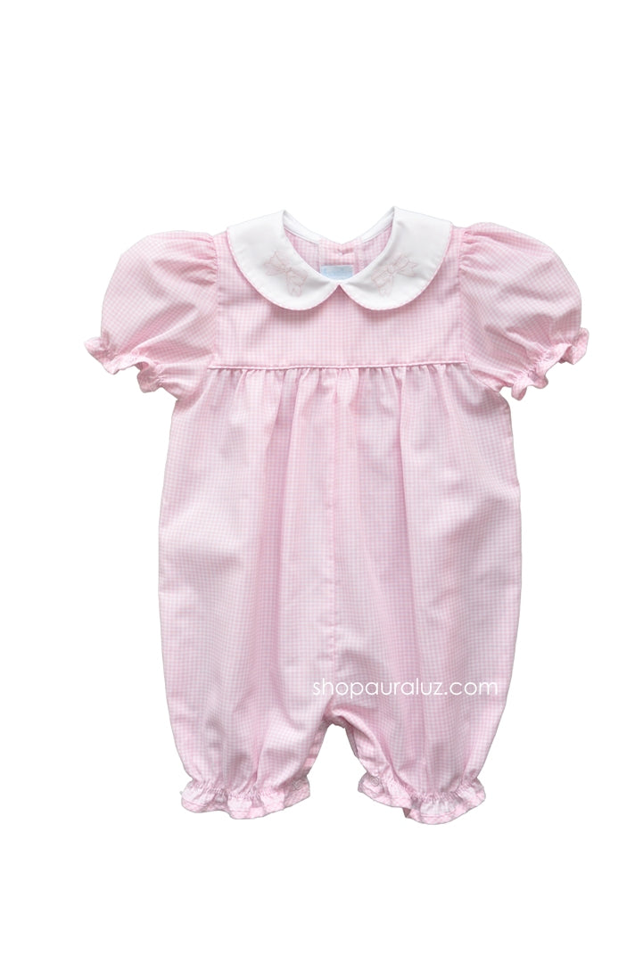 Auraluz Girl Shortall..Pink check with p.p. collar and embroidered bows