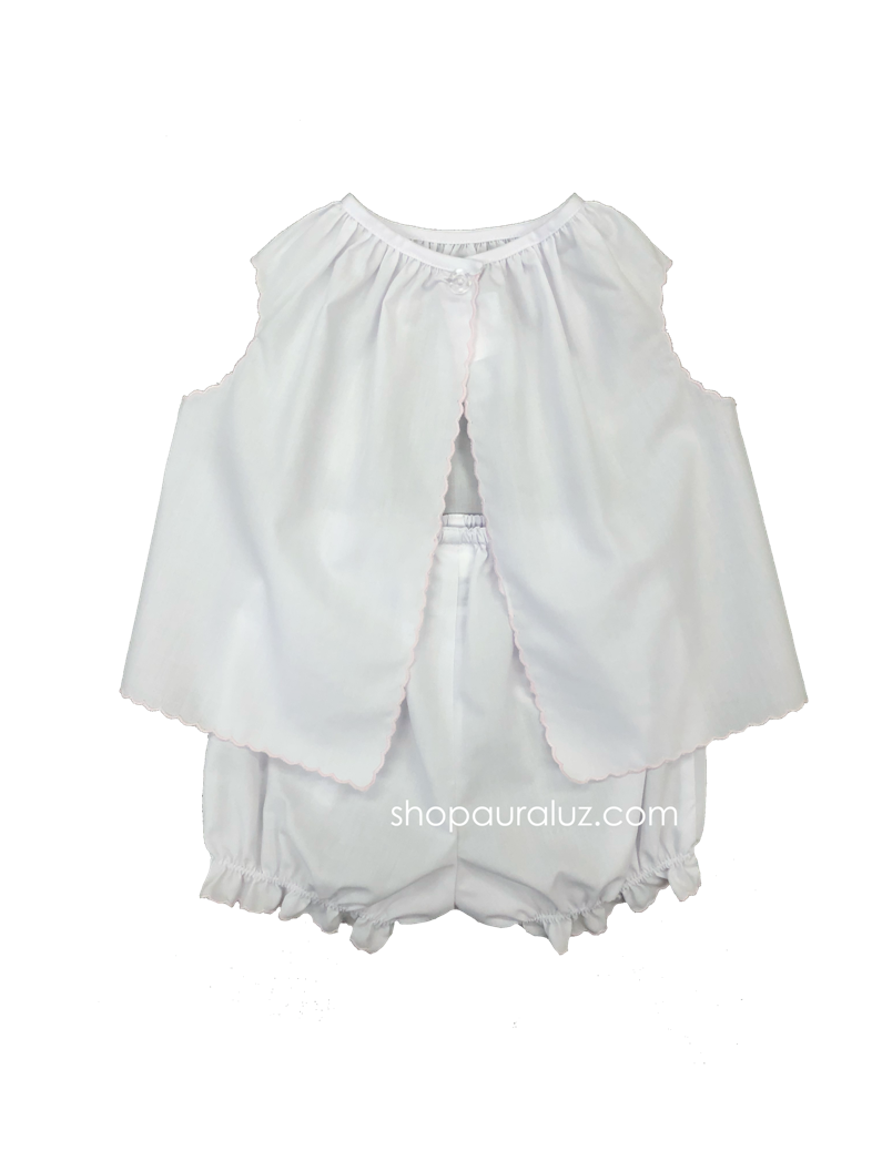 Auraluz Girl Sleeveless 2pc Set...White with pink scallop trim and embroidered bow
