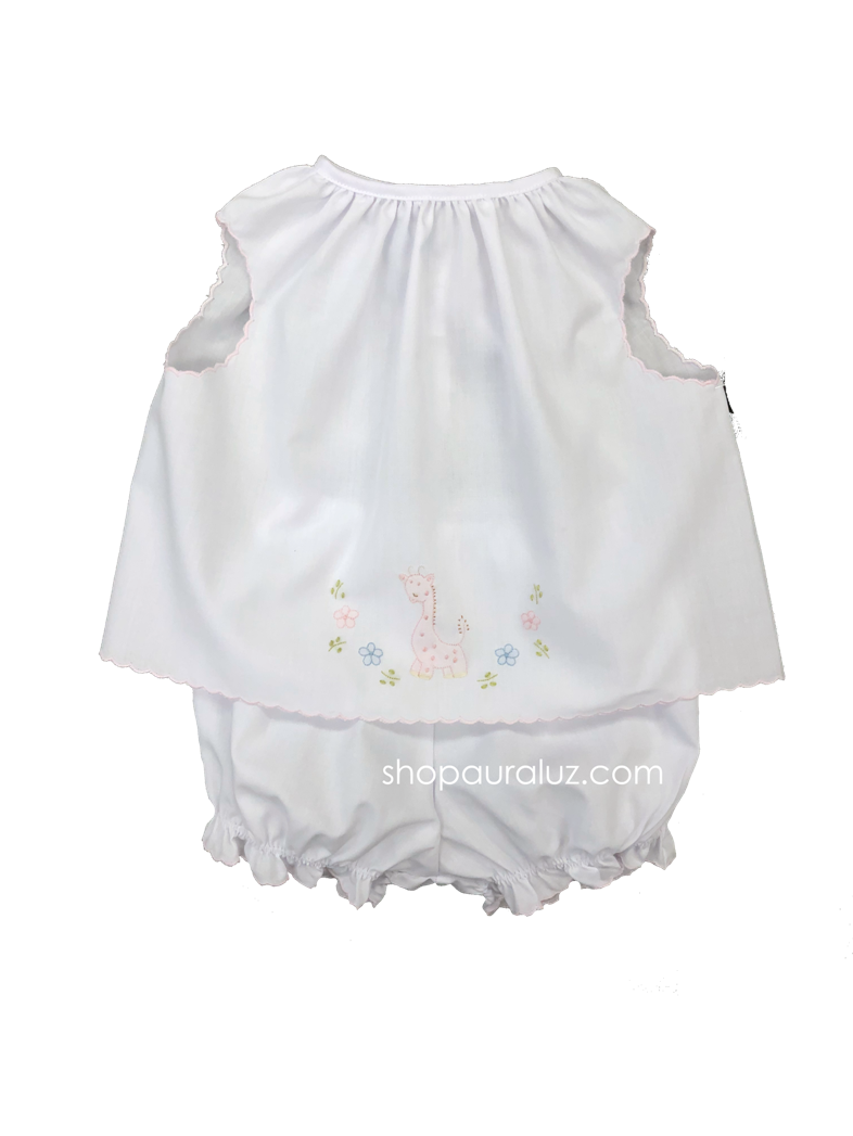 Auraluz Girl Sleeveless 2pc Set...White with pink scallop trim and embroidered giraffe