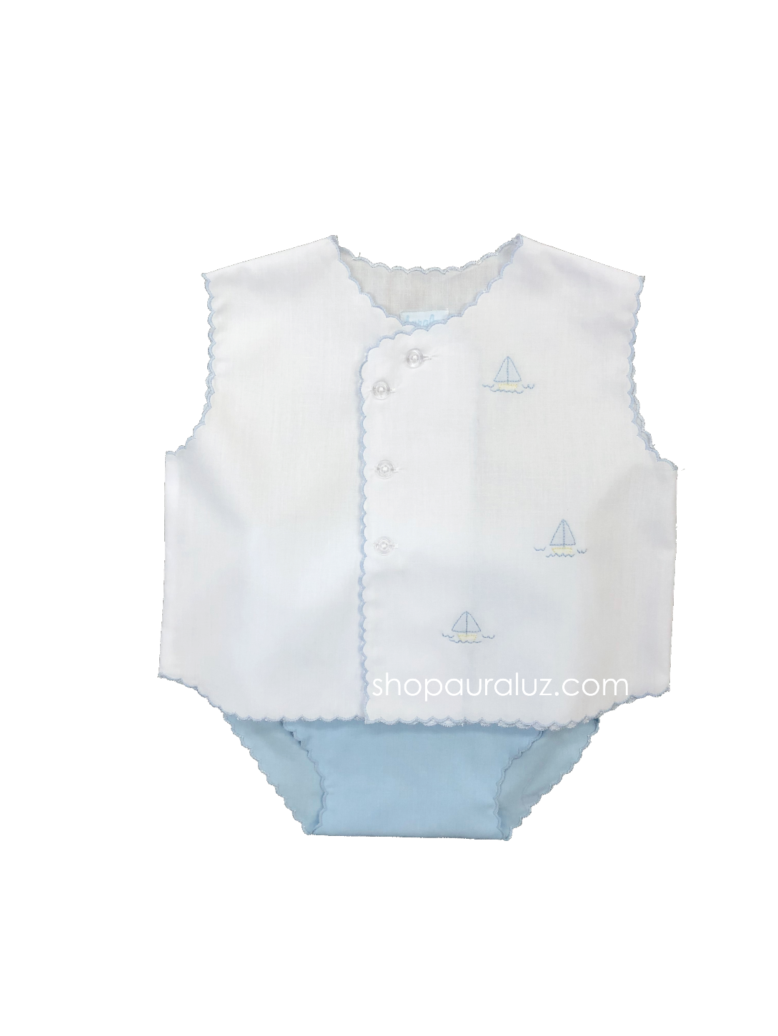Auraluz Sleeveless Diaper shirt/cover set...White with blue scallops(blue diaper cover) and embroidered boats