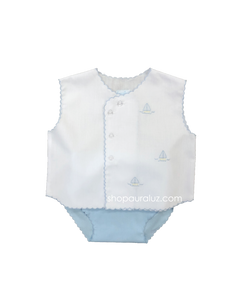Auraluz Sleeveless Diaper shirt/cover set...White with blue scallops(blue diaper cover) and embroidered boats