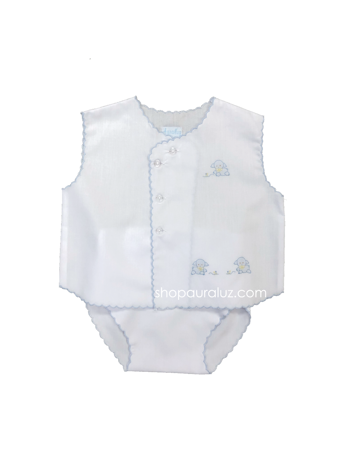 Auraluz Sleeveless Diaper shirt/cover set...White with blue scallops and embroidered tiny lambs