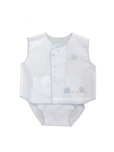 Auraluz Sleeveless Diaper shirt/cover set...White with blue scallops and embroidered tiny lambs