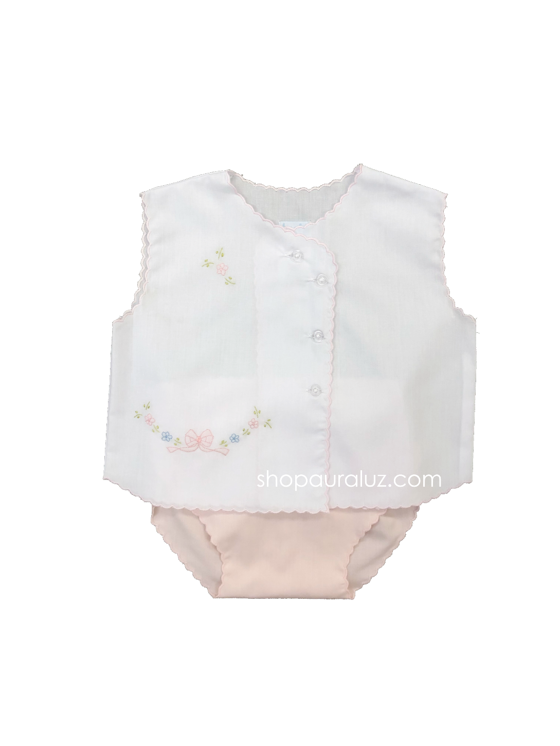 Auraluz Sleeveless Diaper shirt/cover set...White with pink scallops(pink diaper cover) and embroidered bow