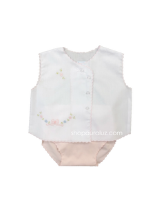 Auraluz Sleeveless Diaper shirt/cover set...White with pink scallops(pink diaper cover) and embroidered bow