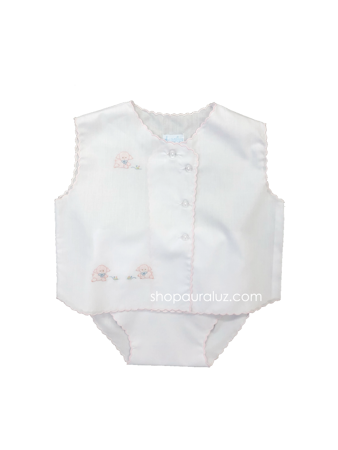 Auraluz Sleeveless Diaper shirt/cover set...White with pink scallops and embroidered tiny lambs