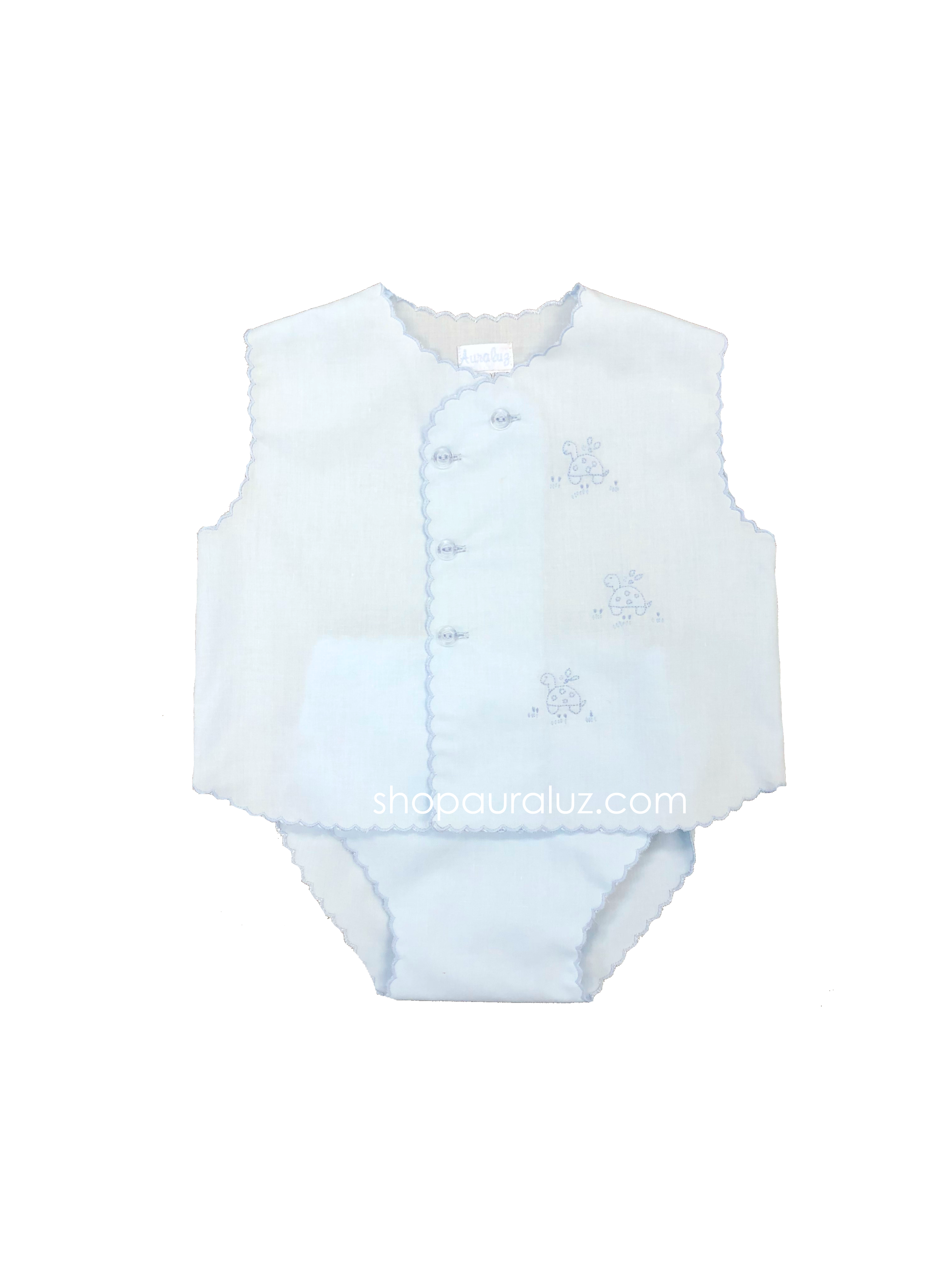 Auraluz Sleeveless Diaper shirt/cover set...Blue with blue scallops and embroidered turtles