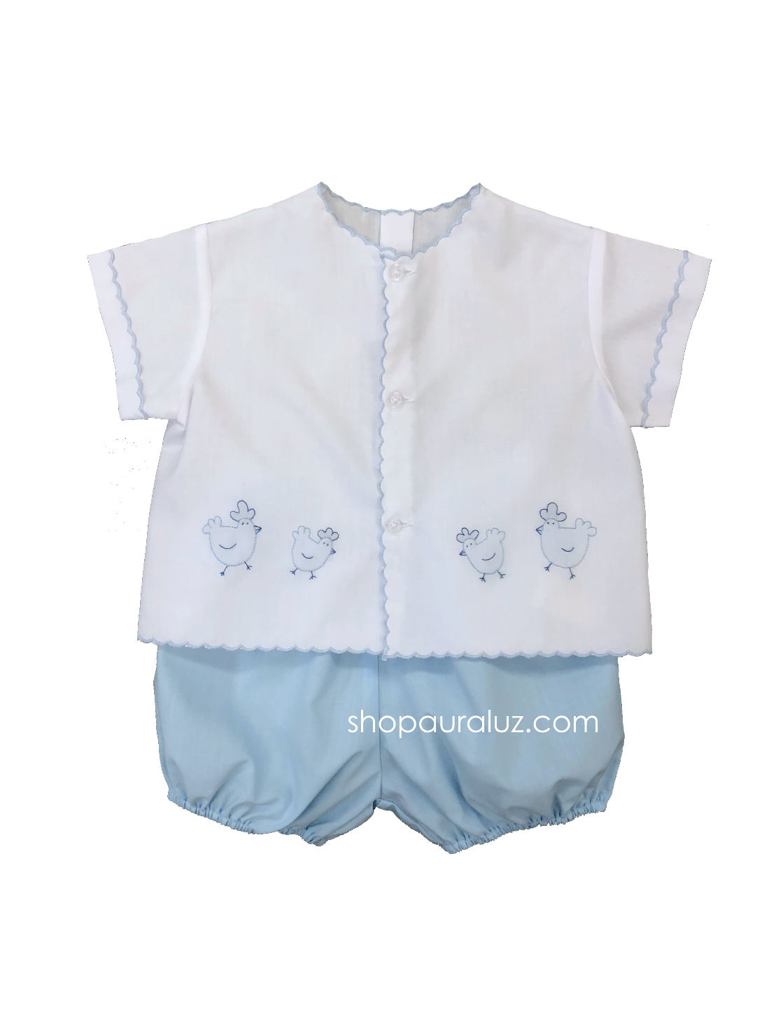Auraluz Diaper shirt/bloomer set...White with blue scallops(blue bloomers) and embroidered chickens