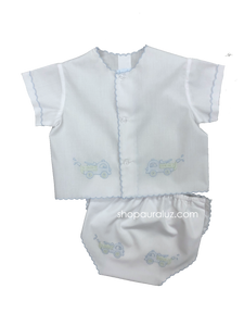Auraluz Diaper shirt/cover set...White with blue scallops and embroidered fire trucks