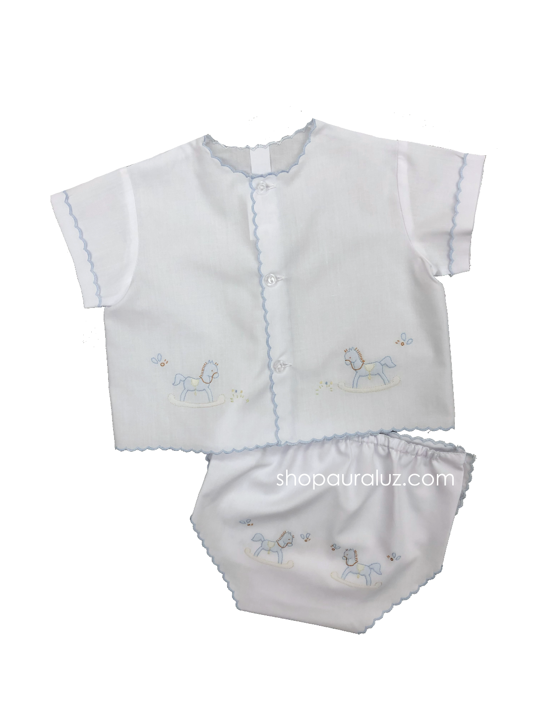 Auraluz Diaper shirt/cover set...White with blue scallops and embroidered horses