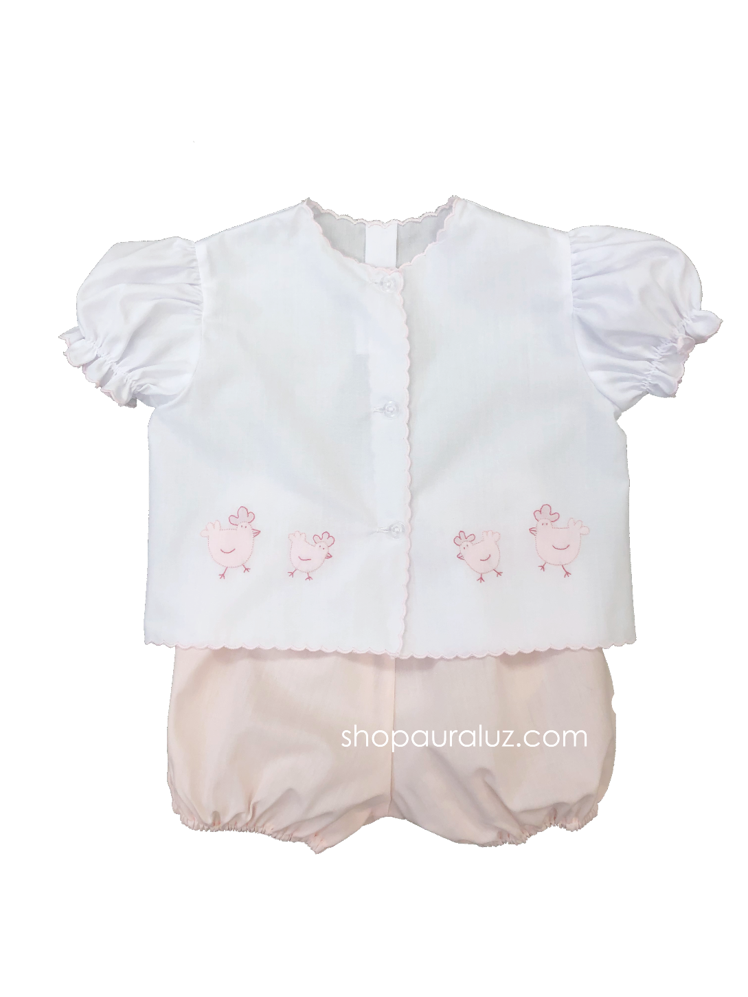 Auraluz Diaper shirt/bloomer set...White with pink scallops(pink bloomers) and embroidered chickens