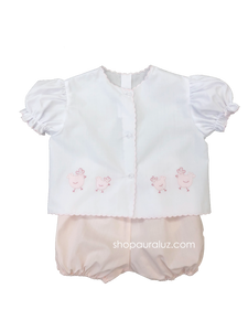 Auraluz Diaper shirt/bloomer set...White with pink scallops(pink bloomers) and embroidered chickens