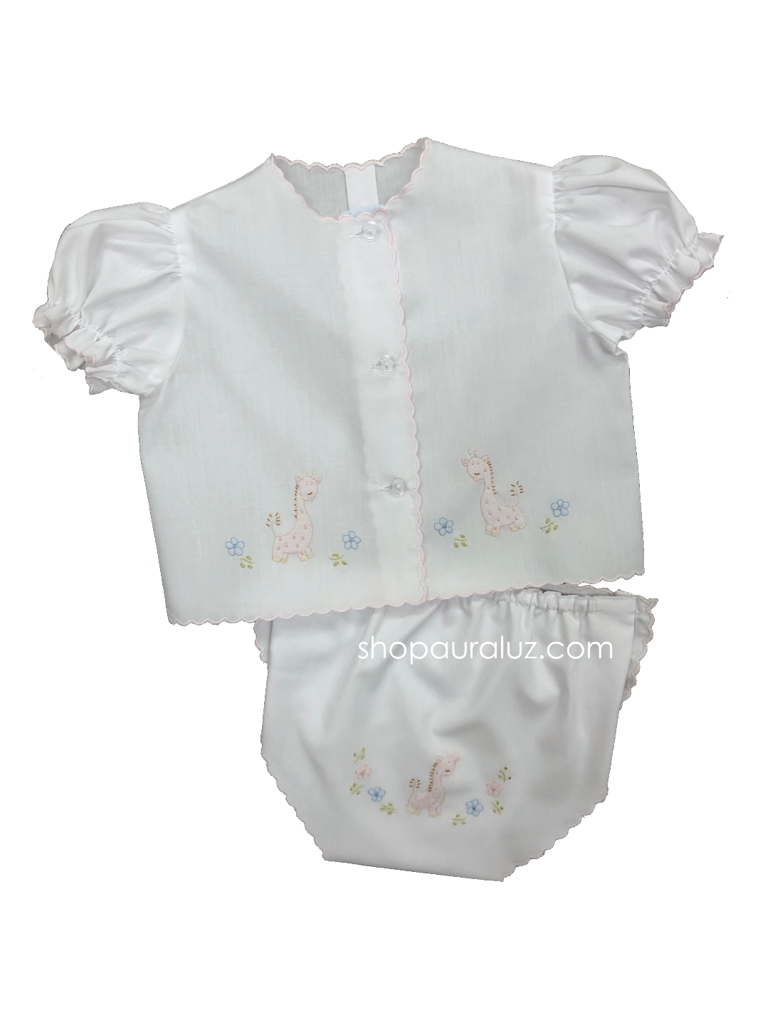 Auraluz Diaper shirt/cover set...White with pink scallops and embroidered giraffe