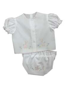 Auraluz Diaper shirt/cover set...White with pink scallops and embroidered giraffe