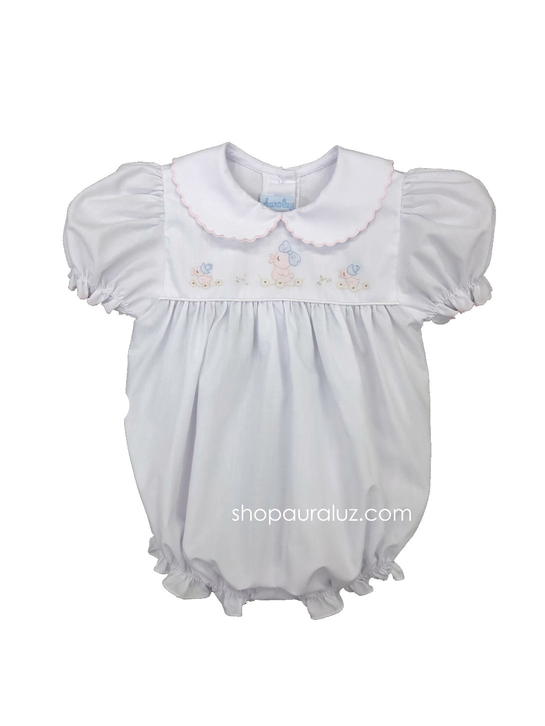 Auraluz Girl Bubble...White with pink scallop trim and embroidered ducks