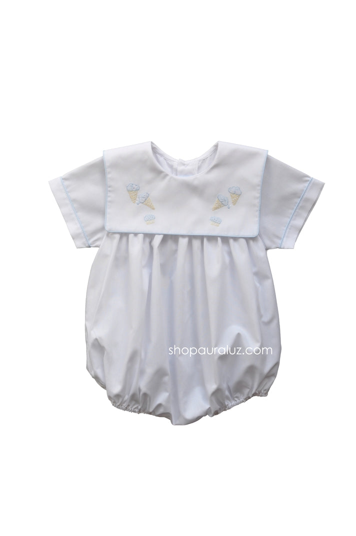 Auraluz Boy Bubble..White with blue binding trim and embroidered ice cream cones