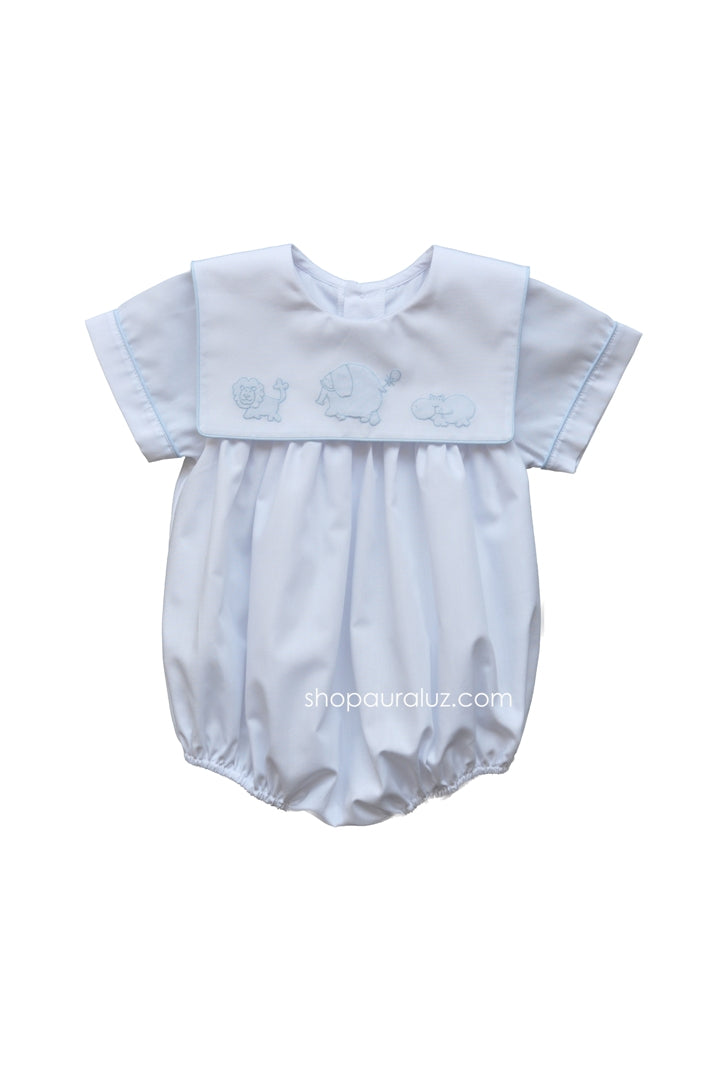 Auraluz Boy Bubble..White with blue binding trim and embroidered safari animals