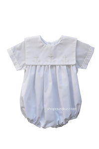 Auraluz Boy Bubble..White with ecru binding trim and embroidered crosses