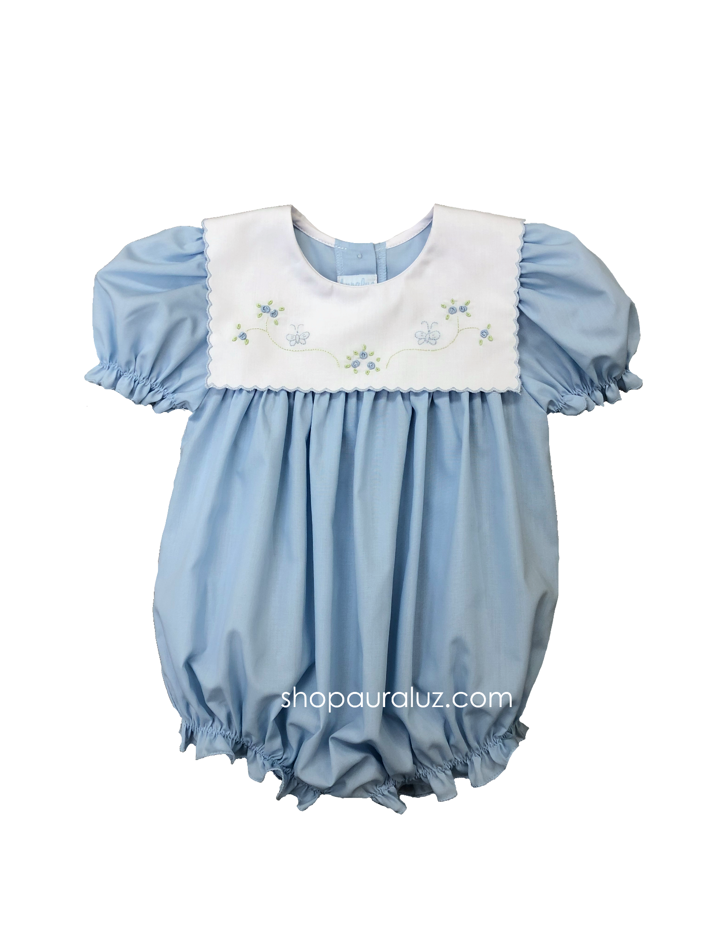 Auraluz Girl Bubble...Blue with white square collar and embroidered flowers and butterflies