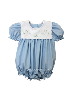 Auraluz Girl Bubble...Blue with white square collar and embroidered flowers and butterflies