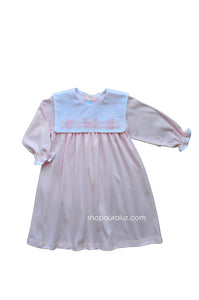 Auraluz Knit Dress...Pink with square collar and embroidered farm animals