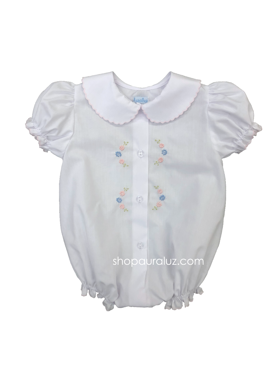 Auraluz Girl Bubble/Button-Front..White with pink scallop trim and embroidered satin flowers
