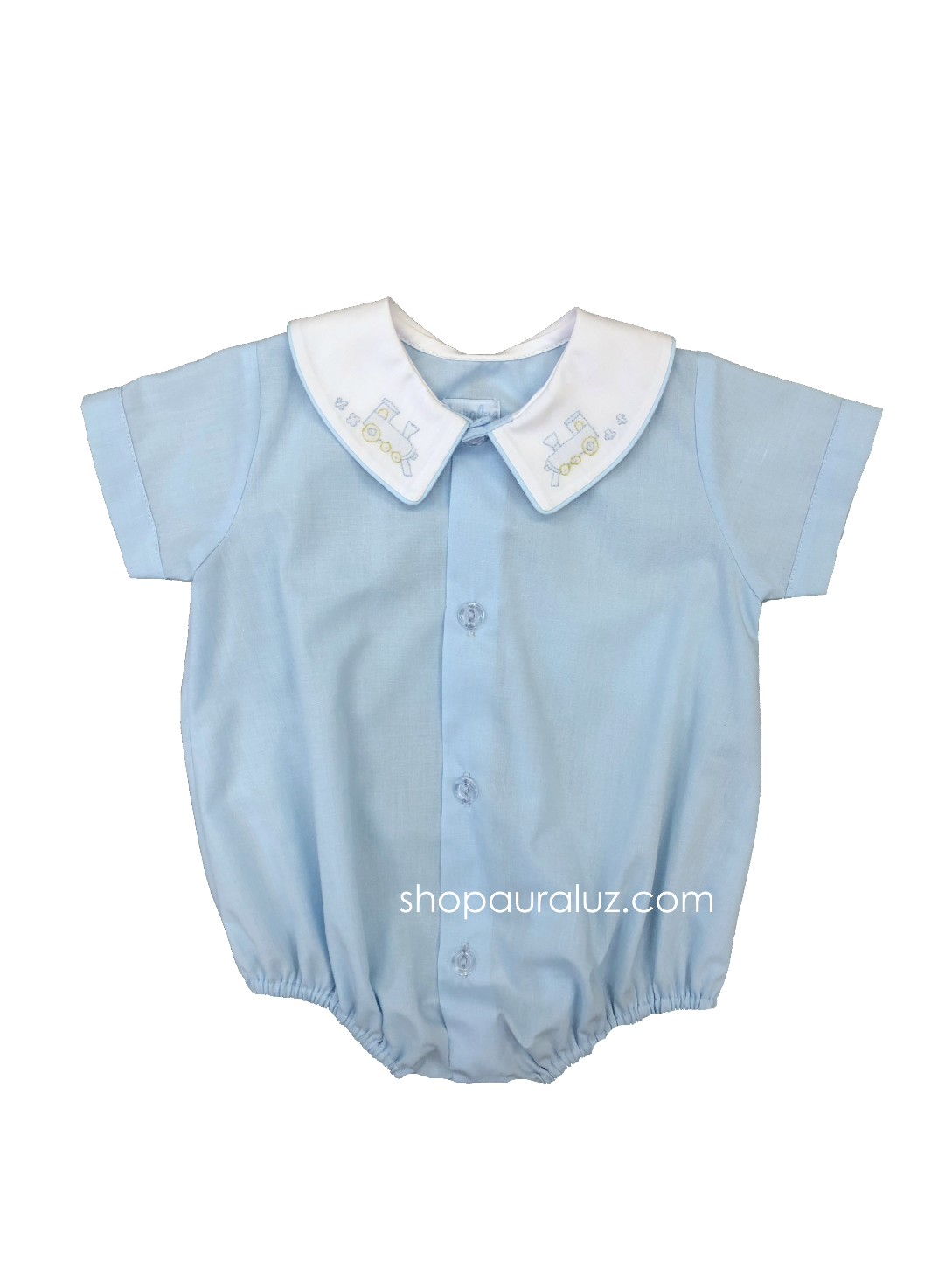 Auraluz Boy Bubble/Button-Front..Blue w/binding trim, white boy collar and embroidered train
