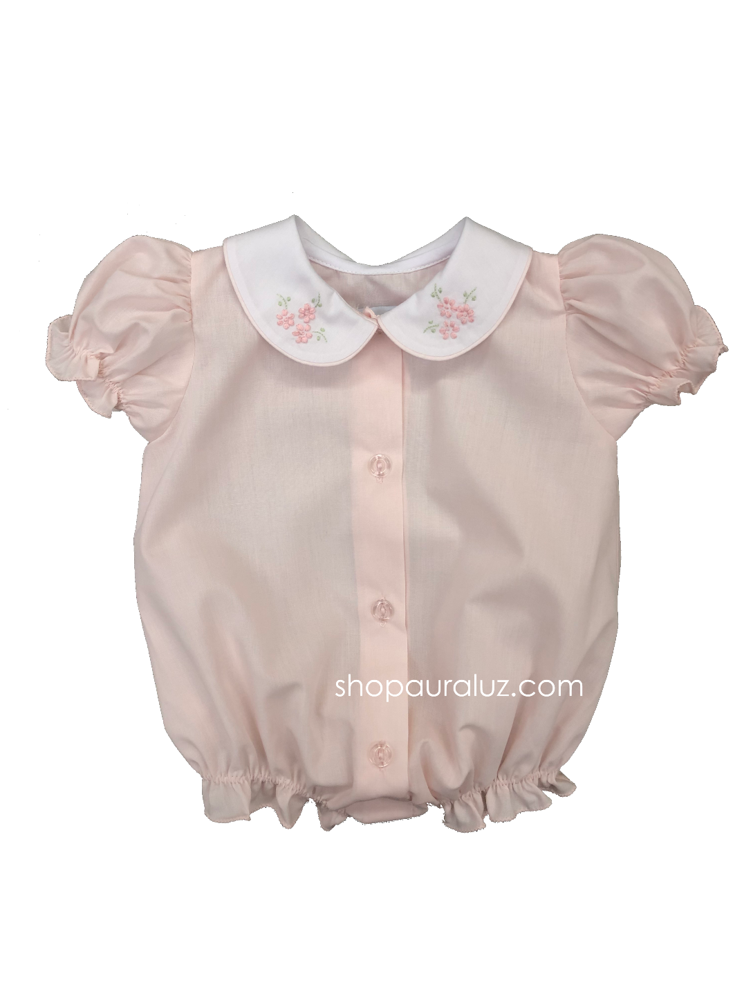 Auraluz Girl Bubble/Button-Front..Pink w/binding trim, white p.p. collar and embroidered flowers