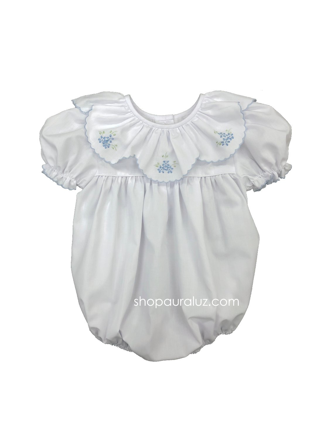 Auraluz Bubble...White with ruffle collar and blue embroidered flowers