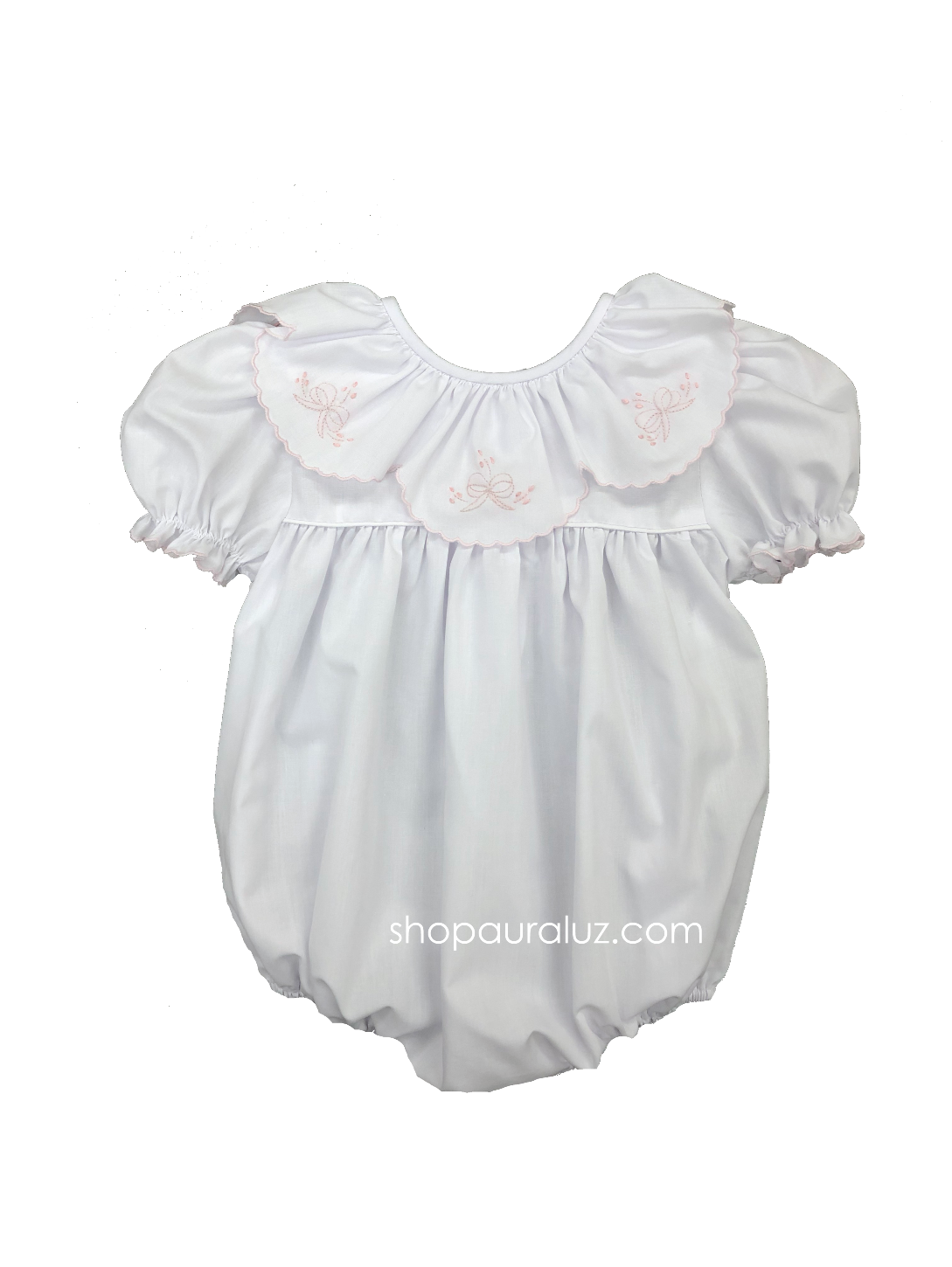 Auraluz Bubble...White with ruffle collar and pink embroidered bows