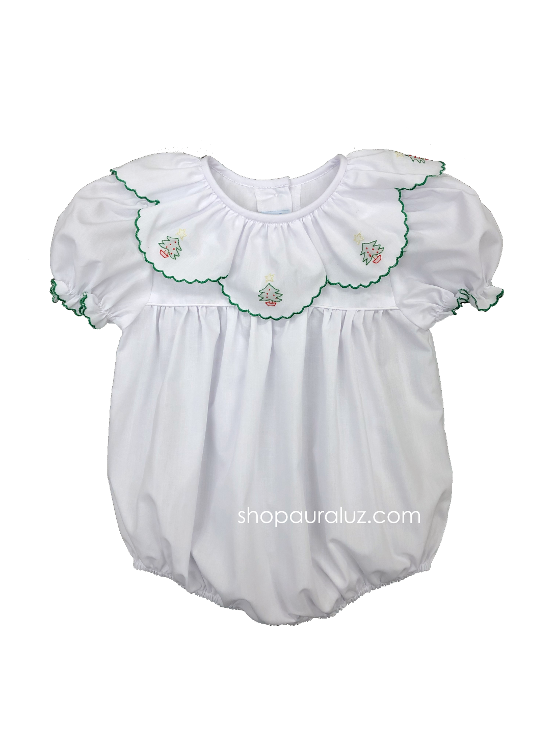 Auraluz Christmas Bubble...White with ruffle collar and embroidered trees