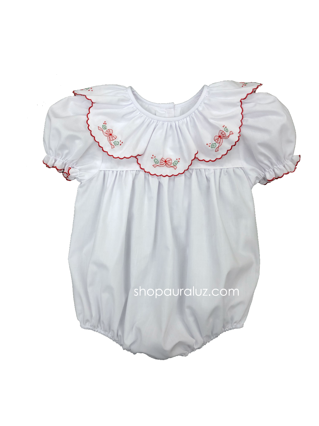 Auraluz Christmas Bubble...White with ruffle collar and embroidered bows