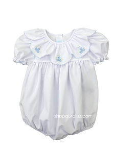 Auraluz Bubble...White with ruffle collar and blue embroidered flowers