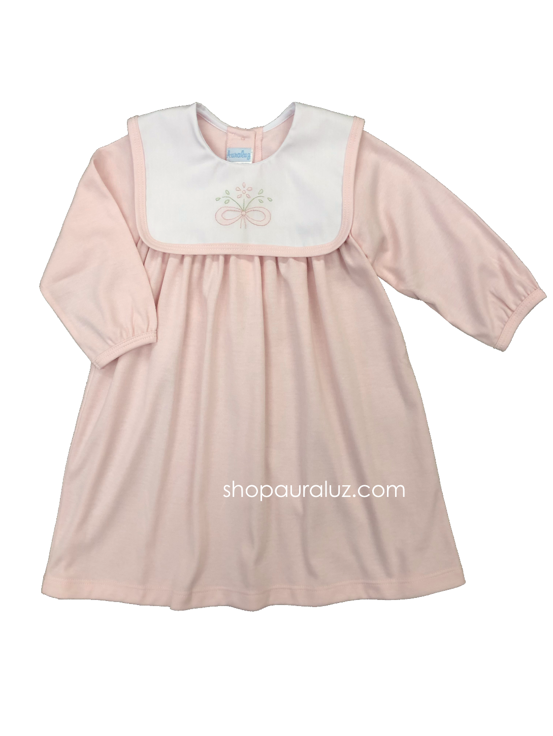 Auraluz Knit Dress...Pink with white square collar and embroidered bow