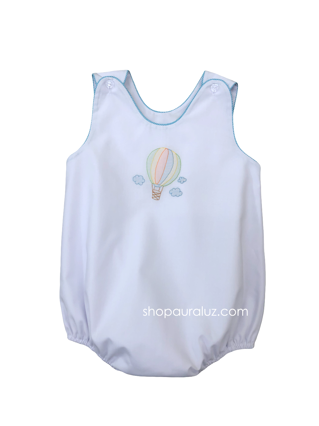 Auraluz Sleeveless Bubble...White with aqua check trim and embroidered hot air balloon