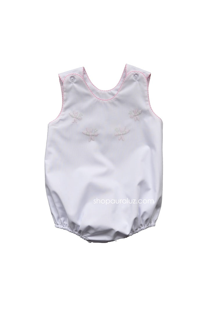 Auraluz Sleeveless Bubble..White with pink check binding and embroidered dragonflies